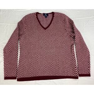 Women Land's End 100% cashmere v-neck chevron stripe pullover sweater L 14-16